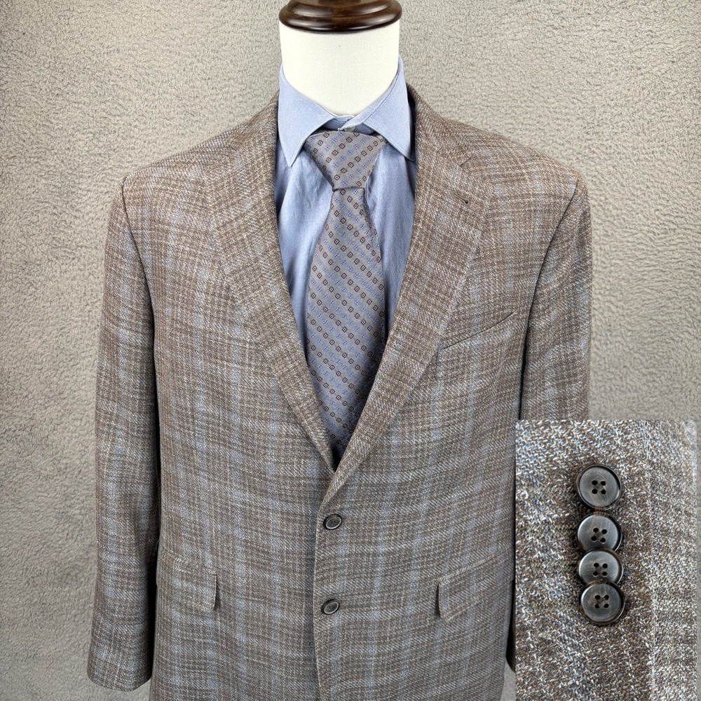 Joseph Abboud‎ Blazer Men 44R Brown Blue Plaid Heritage E Thomas Wool Silk Linen